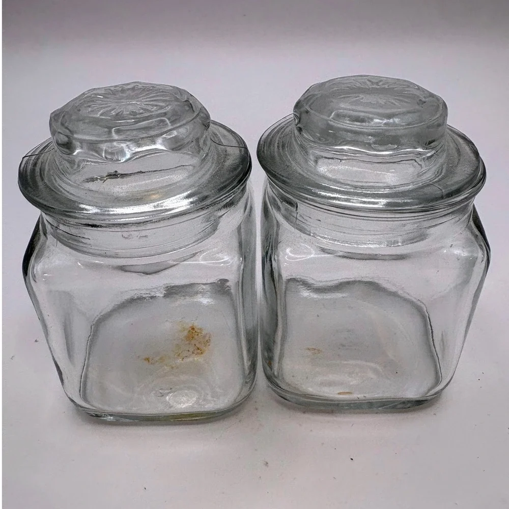 2 Vtg Anchor Hocking Mini Square Glass Canisters Starburst Glass-On-Glass Lids